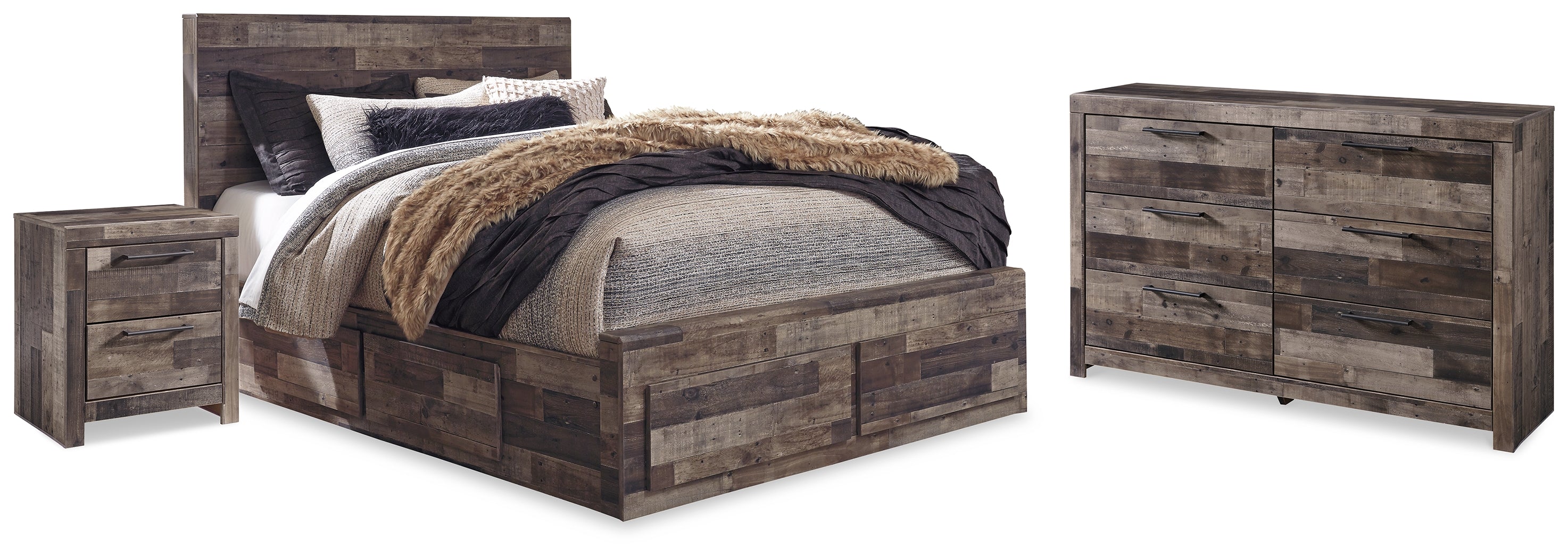 Best Deals Furniture - Ashley Furniture - Derekson Queen Panel Storage Bed, Dresser and 2 Nightstand - Queen Panel Storage Bed, Dresser and 2 Nightstand / Multi Gray - B200B58