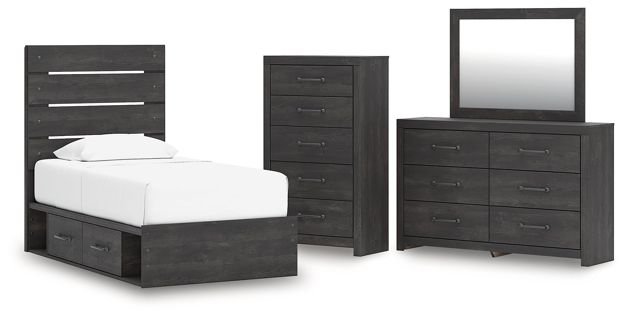 Best Deals Furniture - Ashley Furniture - Hollivern Twin Panel Storage Bed, Dresser, Mirror and Chest - Twin Panel Storage Bed, Dresser, Mirror and Chest - PCB2108B26