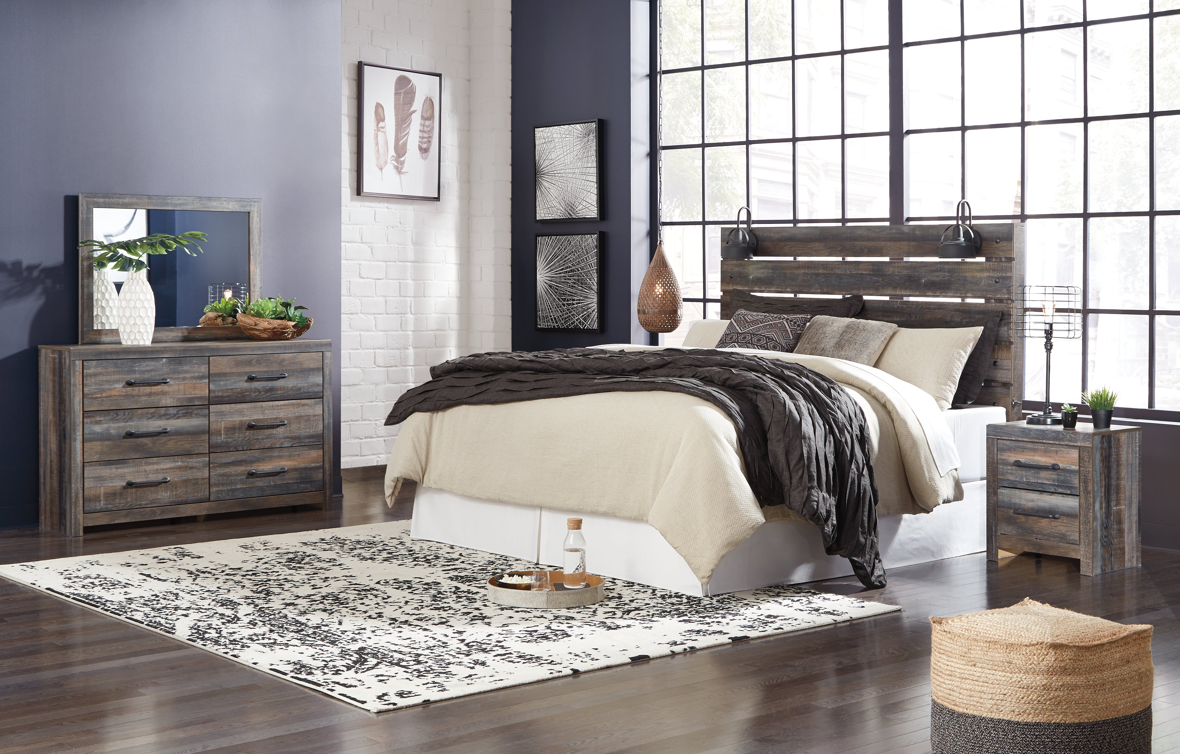 Best Deals Furniture - Ashley Furniture - Drystan King Panel Headboard with Metal Frame, Dresser, Mirror, and Nightstand - King Panel Headboard with Metal Frame, Dresser, Mirror, and Nightstand - B211B71