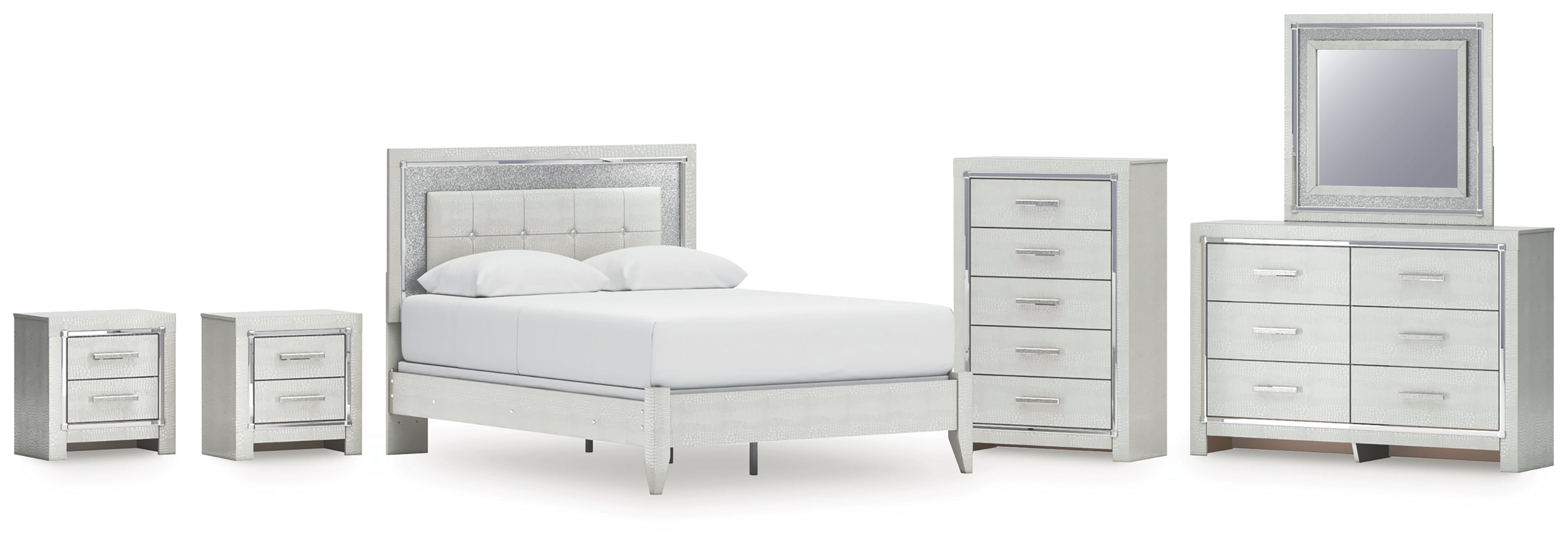 Best Deals Furniture - Ashley Furniture - Zyniden Queen Upholstered Panel Bed, Dresser, Mirror, Chest and 2 Nightstands - Queen Upholstered Panel Bed, Dresser, Mirror, Chest and 2 Nightstands - B2114B17
