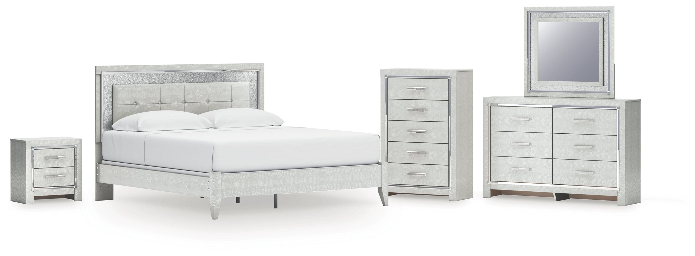 Best Deals Furniture - Ashley Furniture - Zyniden King Upholstered Panel Bed, Dresser, Mirror, Chest and Nightstand - King Upholstered Panel Bed, Dresser, Mirror, Chest and Nightstand - B2114B25