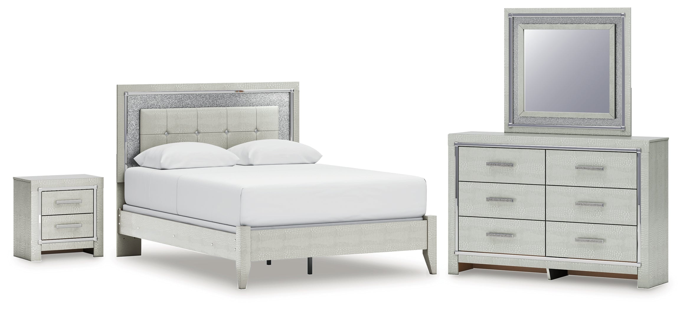 Best Deals Furniture - Ashley Furniture - Zyniden Queen Upholstered Panel Bed, Dresser, Mirror and Nightstand - Queen Upholstered Panel Bed, Dresser, Mirror and Nightstand - B2114B7