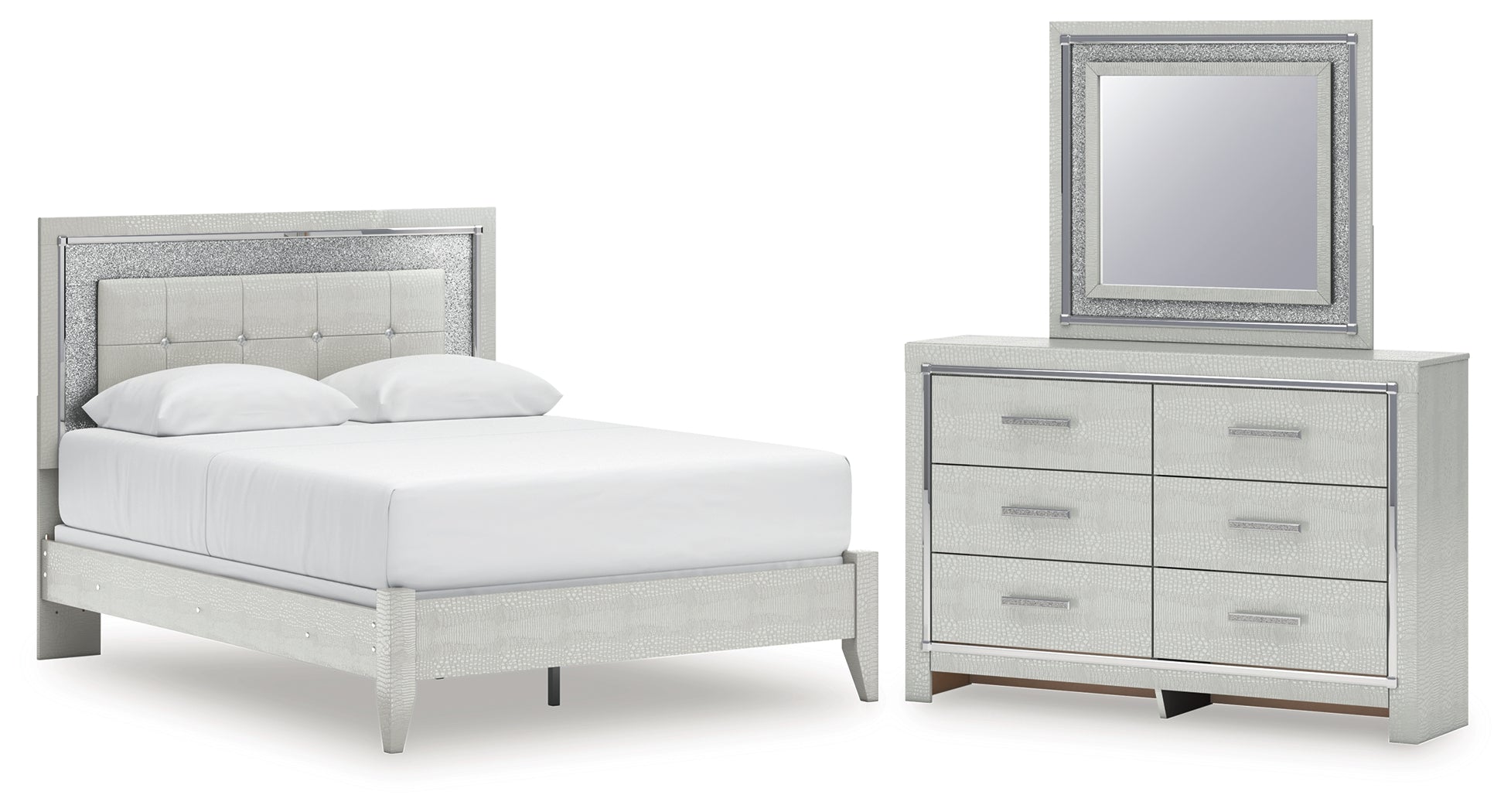 Best Deals Furniture - Ashley Furniture - Zyniden Queen Upholstered Panel Bed, Dresser and Mirror - Queen Upholstered Panel Bed, Dresser and Mirror - B2114B5