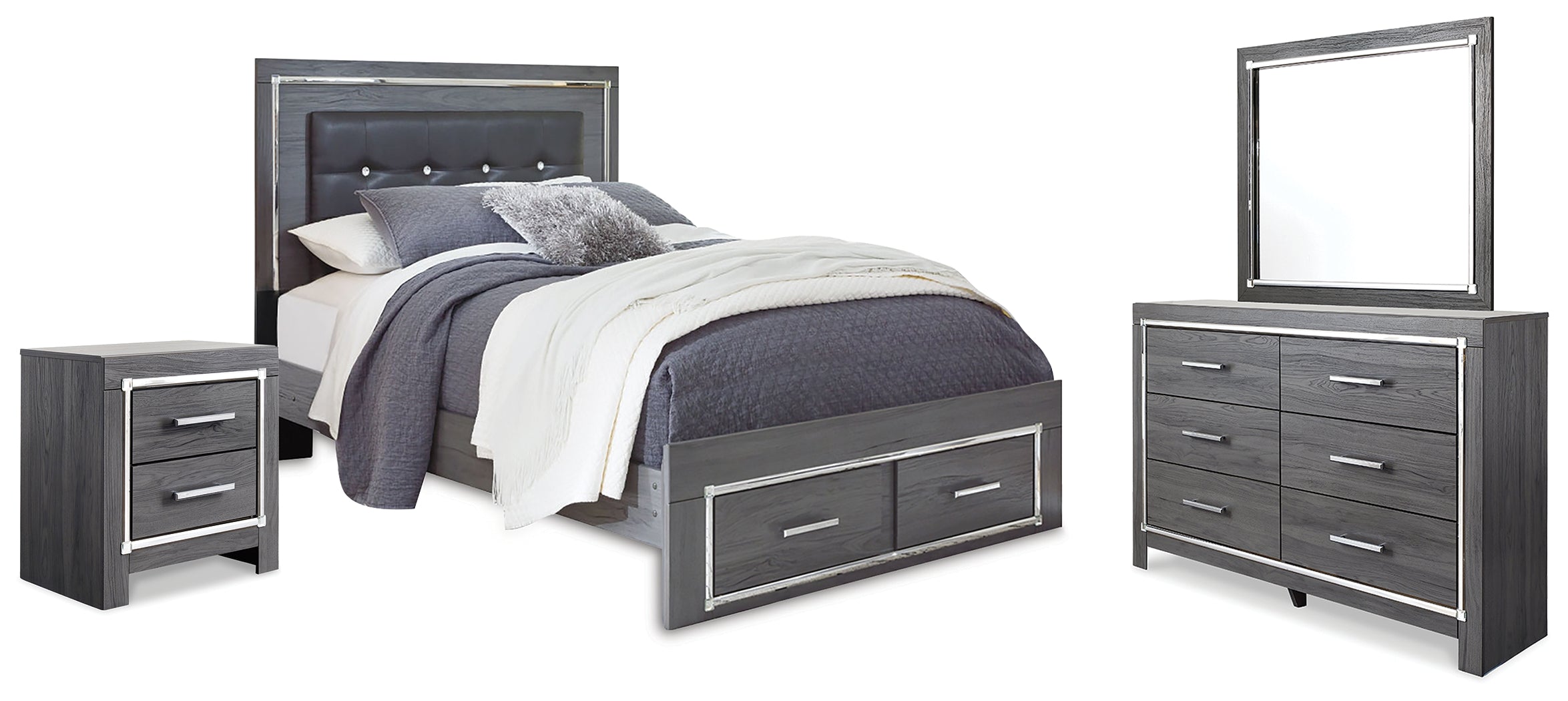 Best Deals Furniture - Ashley Furniture - Lodanna Queen Upholstered Panel Storage Bed, Dresser, Mirror, and Nightstand - Queen Upholstered Panel Storage Bed, Dresser, Mirror, and Nightstand - B214B20