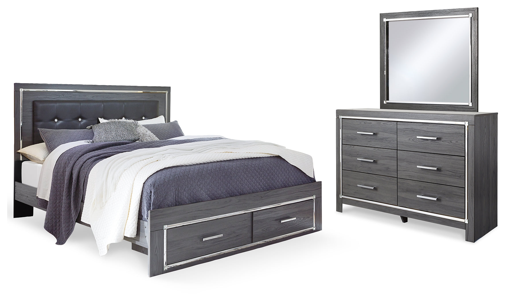 Best Deals Furniture - Ashley Furniture - Lodanna King Upholstered Storage Bed, Dresser and Mirror - King Upholstered Storage Bed, Dresser and Mirror - B214B31