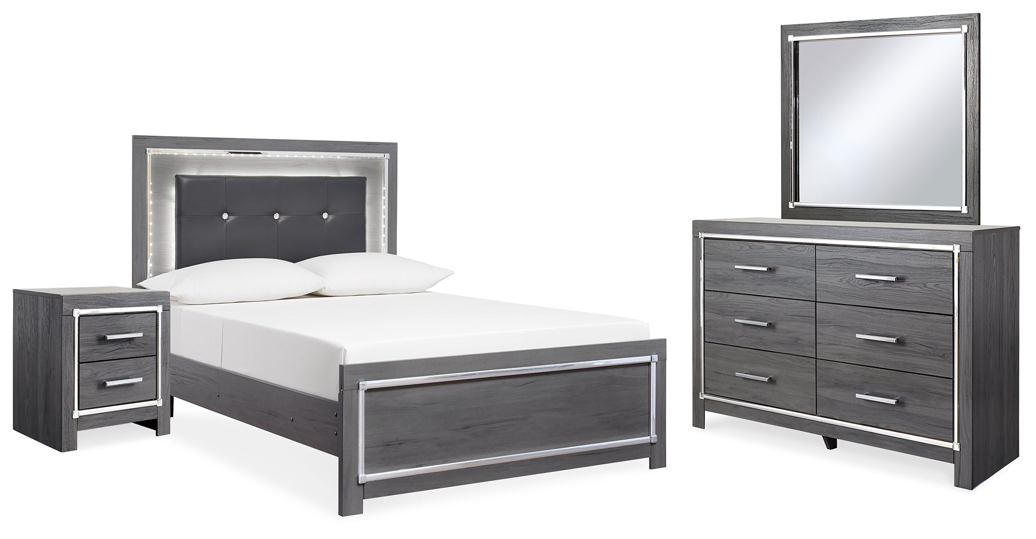Best Deals Furniture - Ashley Furniture - Lodanna Full Upholstered Panel Bed, Dresser, Mirror, and Nightstand - Full Upholstered Panel Bed, Dresser, Mirror, and Nightstand - B214B22