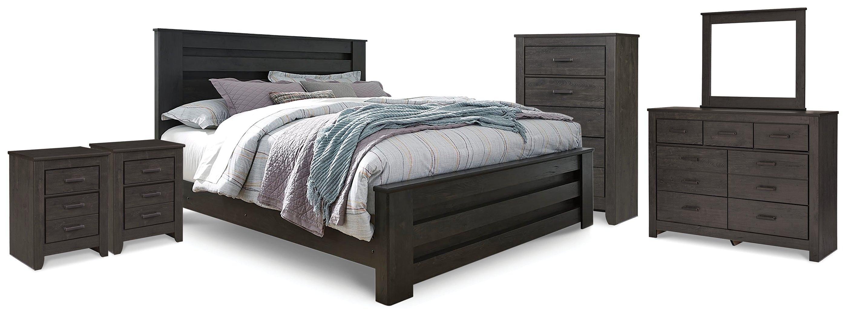 Best Deals Furniture - Ashley Furniture - Brinxton King Panel Bed, Dresser Mirror, Chest and 2 Nightstands - King Panel Bed, Dresser Mirror, Chest and 2 Nightstands - B249B23