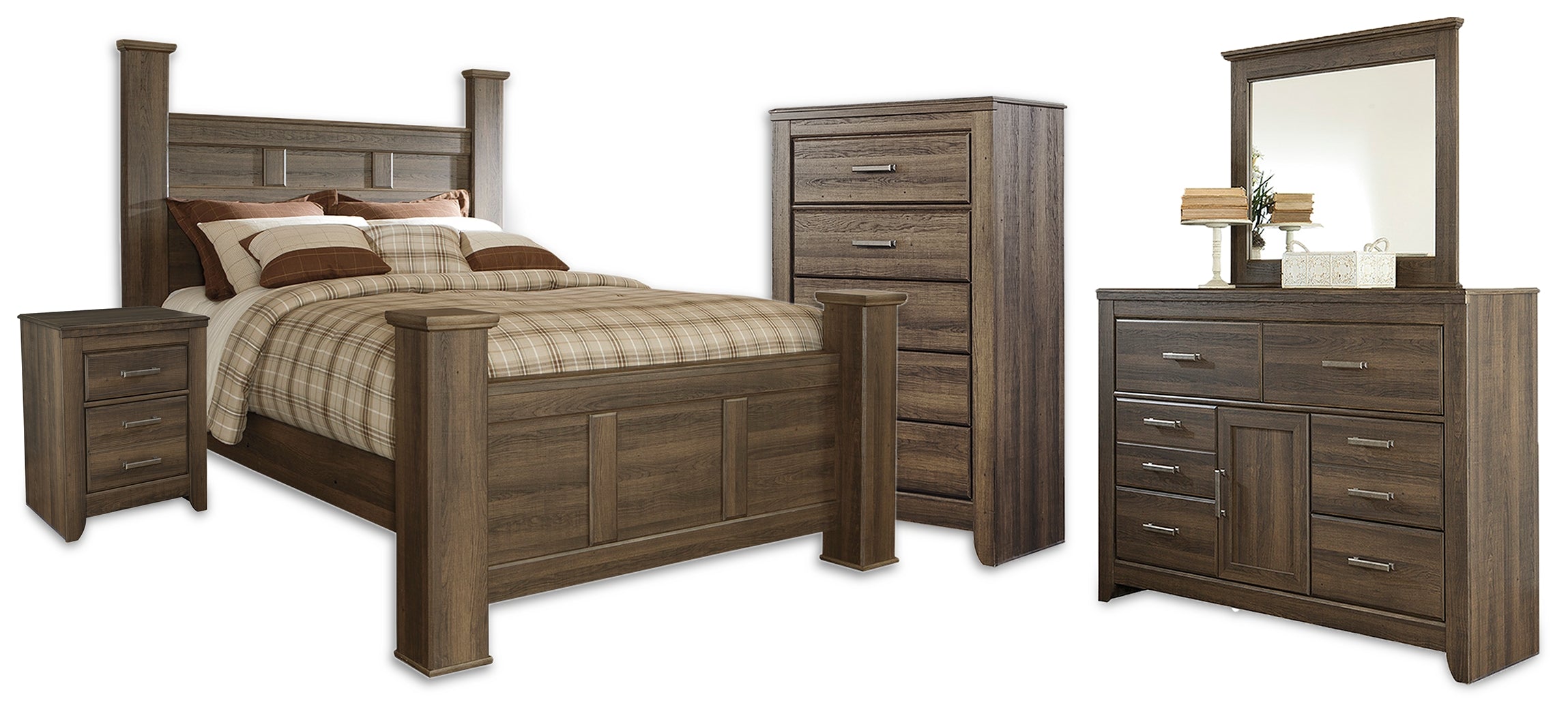 Best Deals Furniture - Ashley Furniture - Juararo Queen Poster Bed, Dresser, Mirror, Chest and Nightstand - Queen Poster Bed, Dresser, Mirror, Chest and Nightstand - B251B42