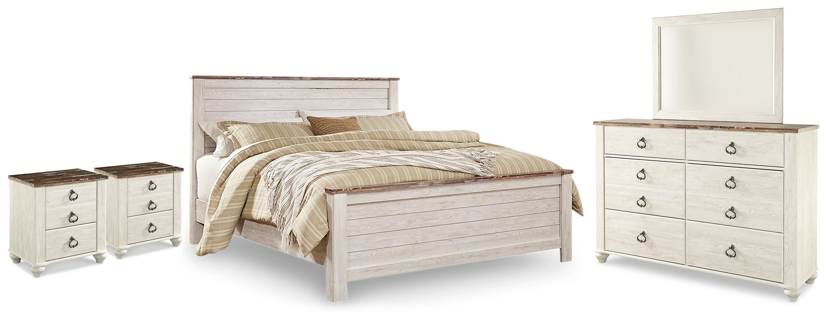 Best Deals Furniture - Ashley Furniture - Willowton King Panel Bed, Dresser, Mirror and 2 Nightstands - King Panel Bed, Dresser, Mirror and 2 Nightstands - B267B75