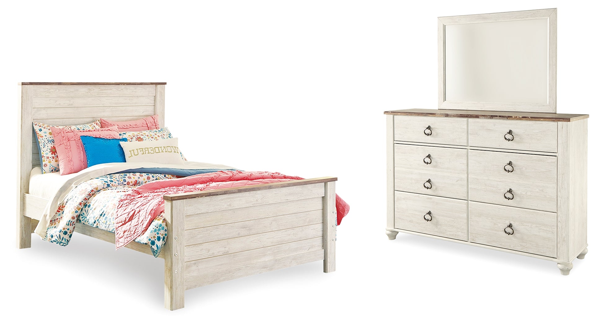 Best Deals Furniture - Ashley Furniture - Willowton Full Panel Bed, Dresser and Mirror - Full Panel Bed, Dresser and Mirror - B267B54