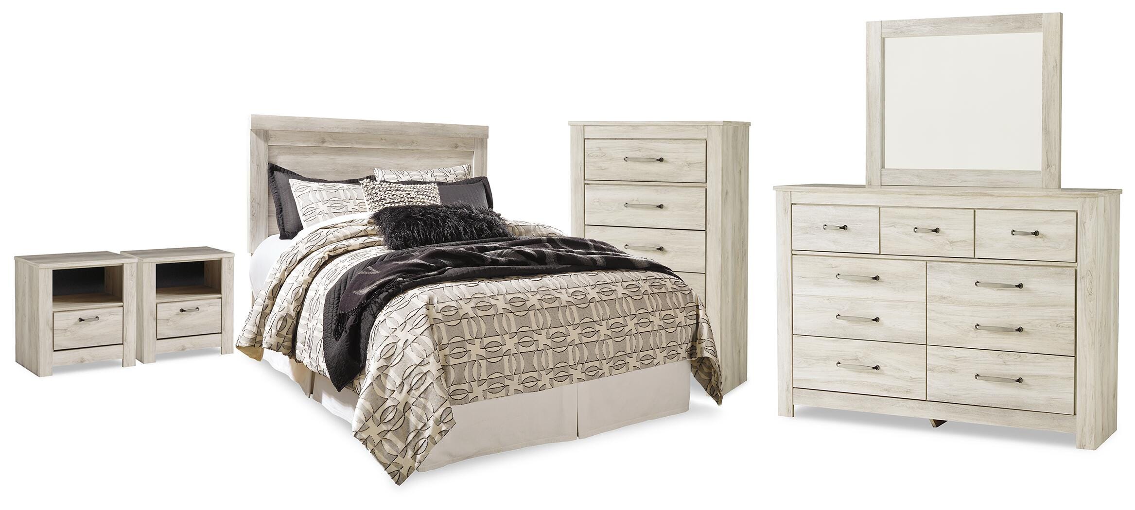 Best Deals Furniture - Ashley Furniture - Bellaby Queen Panel Headboard, Dresser, Mirror, Chest and 2 Nightstands - Queen Panel Headboard, Dresser, Mirror, Chest and 2 Nightstands - B331B26