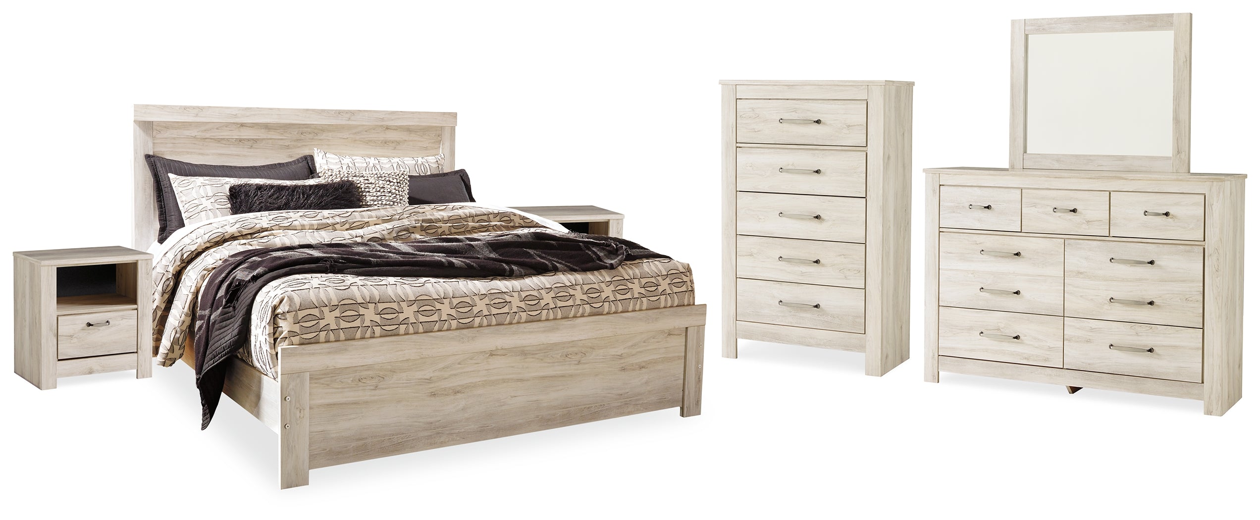 Best Deals Furniture - Ashley Furniture - Bellaby King Panel Bed, Dresser, Mirror, Chest and 2 Nightstands - King Panel Bed, Dresser, Mirror, Chest and 2 Nightstands / Whitewash - B331B17
