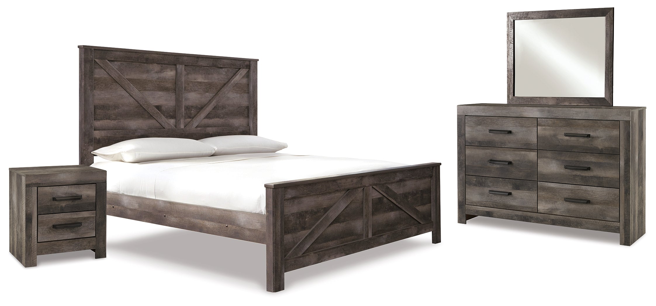 Best Deals Furniture - Ashley Furniture - Wynnlow King Crossbuck Panel Bed, Dresser, Mirror and Nightstand - King Crossbuck Panel Bed, Dresser, Mirror and Nightstand - B440B26
