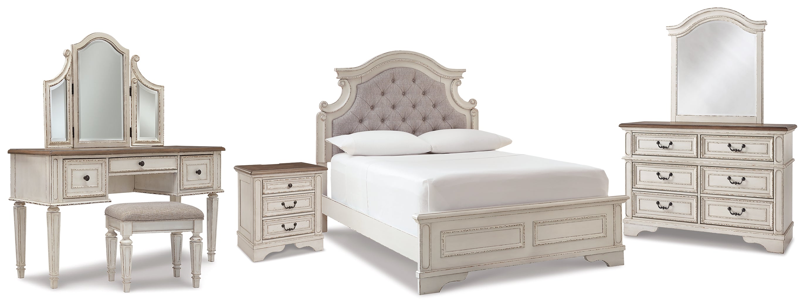 Best Deals Furniture - Ashley Furniture - Realyn Full Panel Bed, Dresser, Mirror, 3-Piece Vanity and Nightstand - Full Panel Bed, Dresser, Mirror, 3-Piece Vanity and Nightstand - B743B27