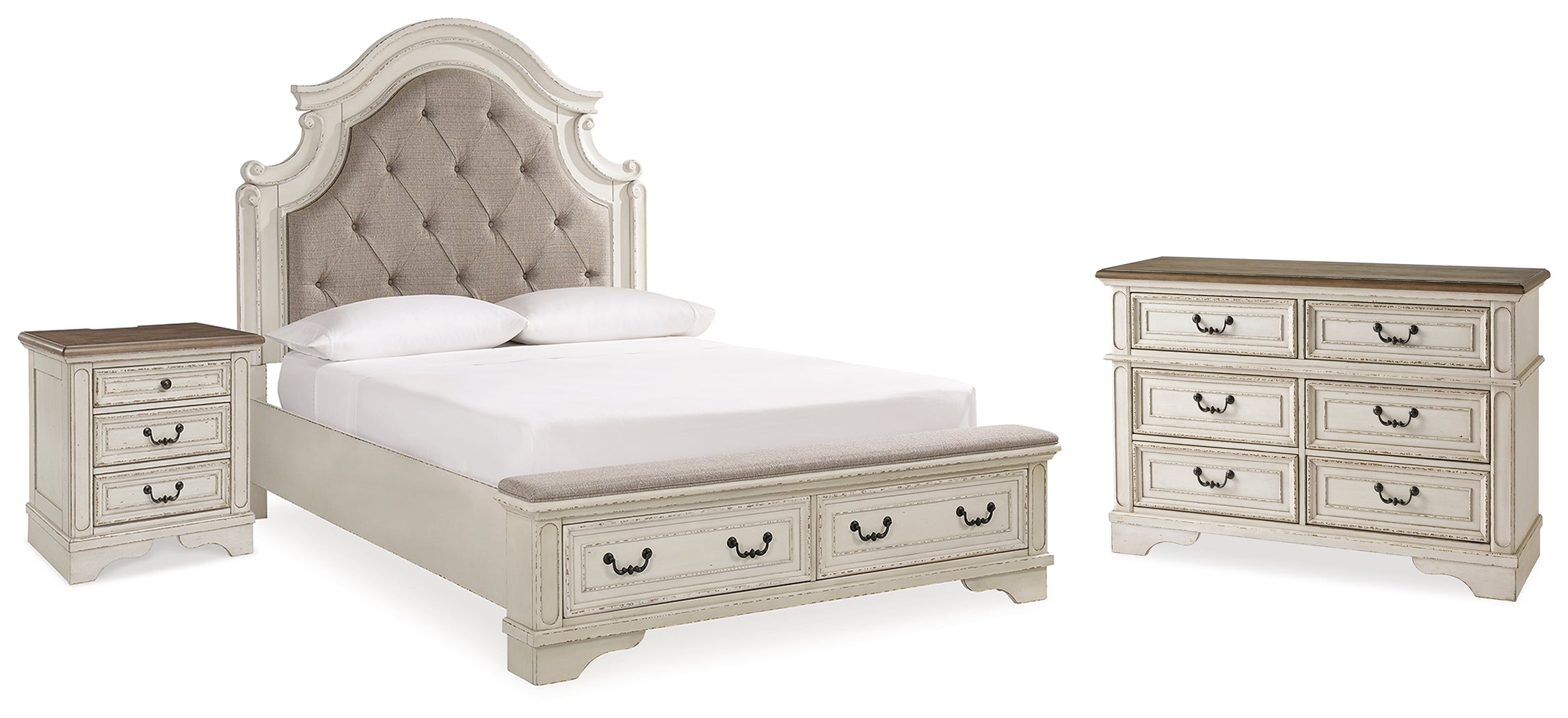 Best Deals Furniture - Ashley Furniture - Realyn Queen Upholstered Panel Bed with Storage, Dresser and Nightstand - Queen Upholstered Panel Bed with Storage, Dresser and Nightstand - B743B57