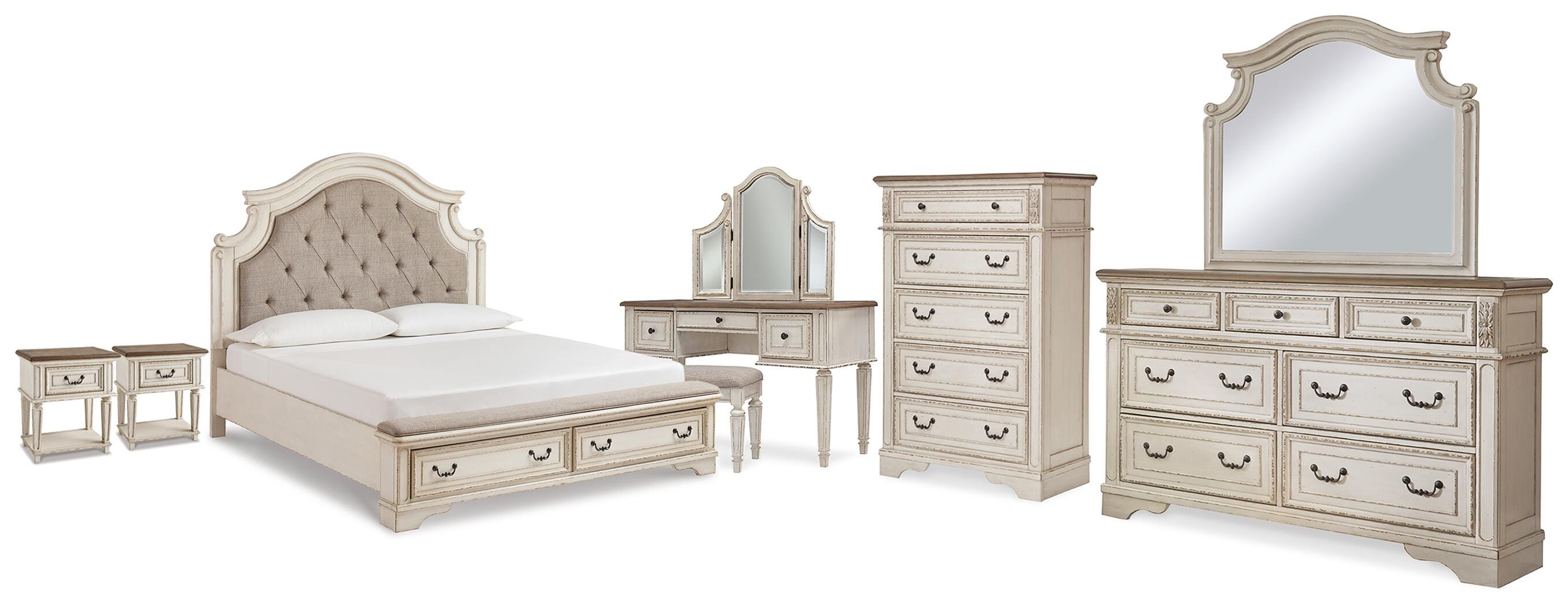 Best Deals Furniture - Ashley Furniture - Realyn King Storage Bed, Dresser, Mirror, Chest, Vanity with Stool and 2 Nightstands - King Storage Bed, Dresser, Mirror, Chest, Vanity with Stool and 2 Nightstands - B743B107