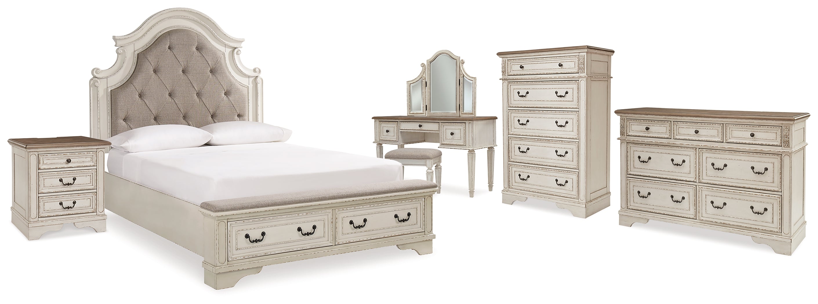 Best Deals Furniture - Ashley Furniture - Realyn Queen Upholstery Panel Bed, Dresser, Chest, Nightstand, and Vanity Set - Queen Upholstery Panel Bed, Dresser, Chest, Nightstand, and Vanity Set - B743B35