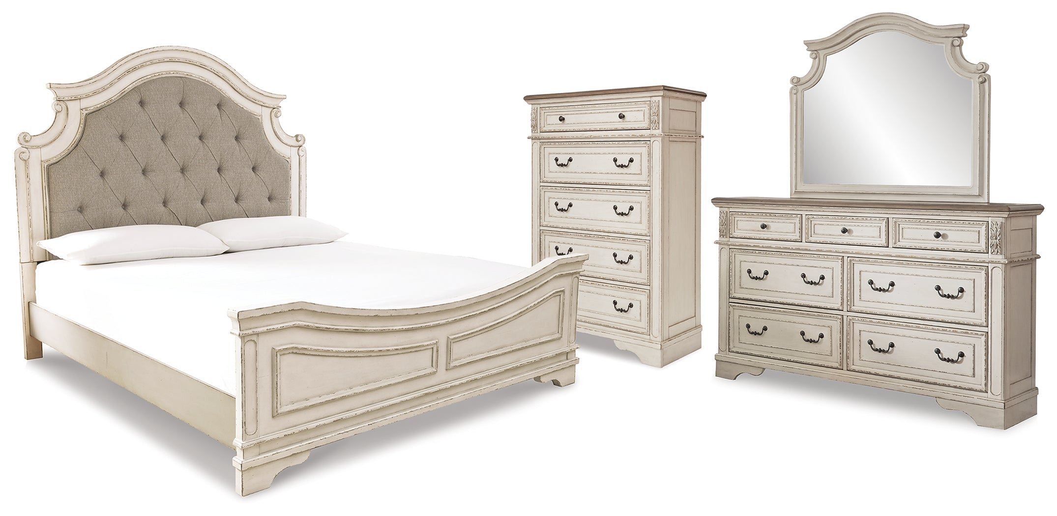 Best Deals Furniture - Ashley Furniture - Realyn King Panel Upholstered Bed, Dresser, Mirror and Chest - King Panel Upholstered Bed, Dresser, Mirror and Chest - B743B68