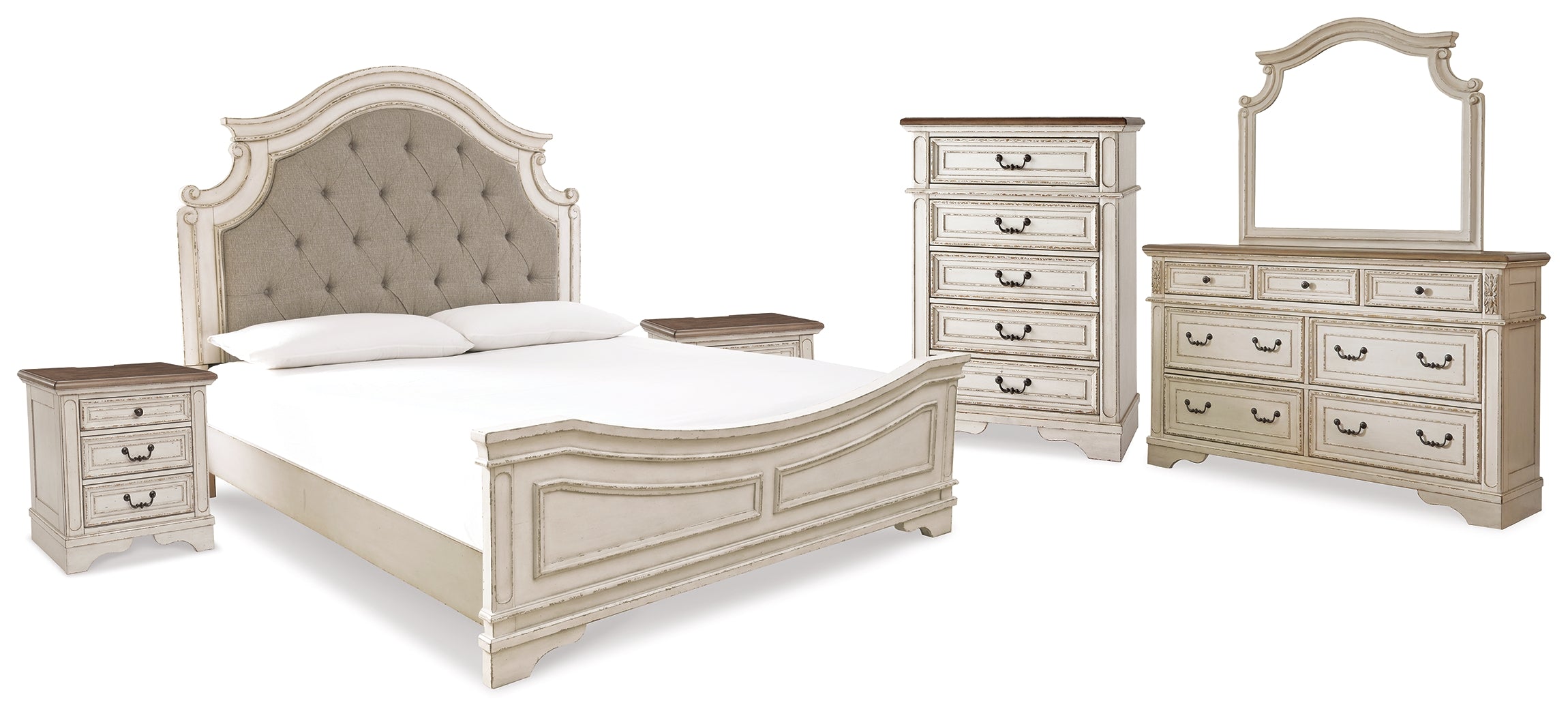 Best Deals Furniture - Ashley Furniture - Realyn King Upholstered Panel Bed, Dresser, Mirror, Chest and 2 Nightstands - King Upholstered Panel Bed, Dresser, Mirror, Chest and 2 Nightstands - B743B37