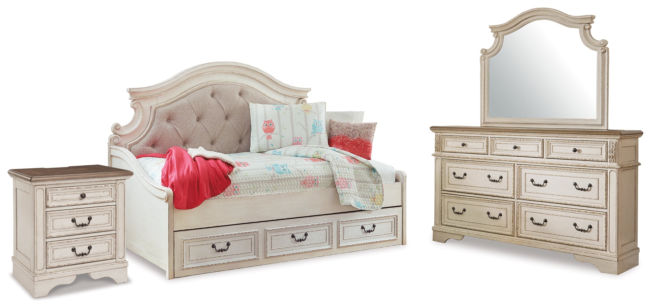 Best Deals Furniture - Ashley Furniture - Realyn Twin Day Bed with Storage, Dresser, Mirror and Nightstand - Twin Day Bed with Storage, Dresser, Mirror and Nightstand - B743B94