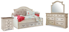 Realyn Twin Day Bed with Storage, Dresser, Mirror and Nightstand