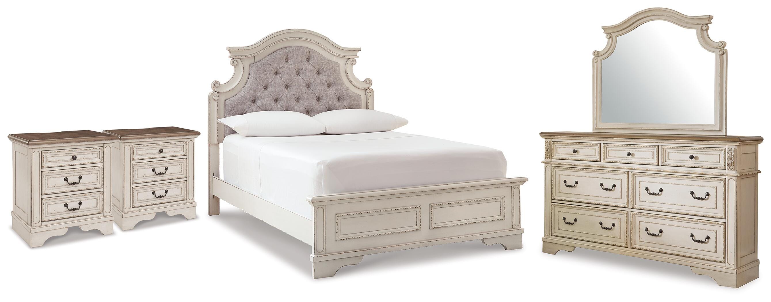 Best Deals Furniture - Ashley Furniture - Realyn Full Upholstered Panel Bed, Dresser, Mirror and 2 Nightstands - Full Upholstered Panel Bed, Dresser, Mirror and 2 Nightstands - B743B105