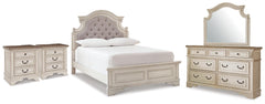 Realyn Full Upholstered Panel Bed, Dresser, Mirror and 2 Nightstands