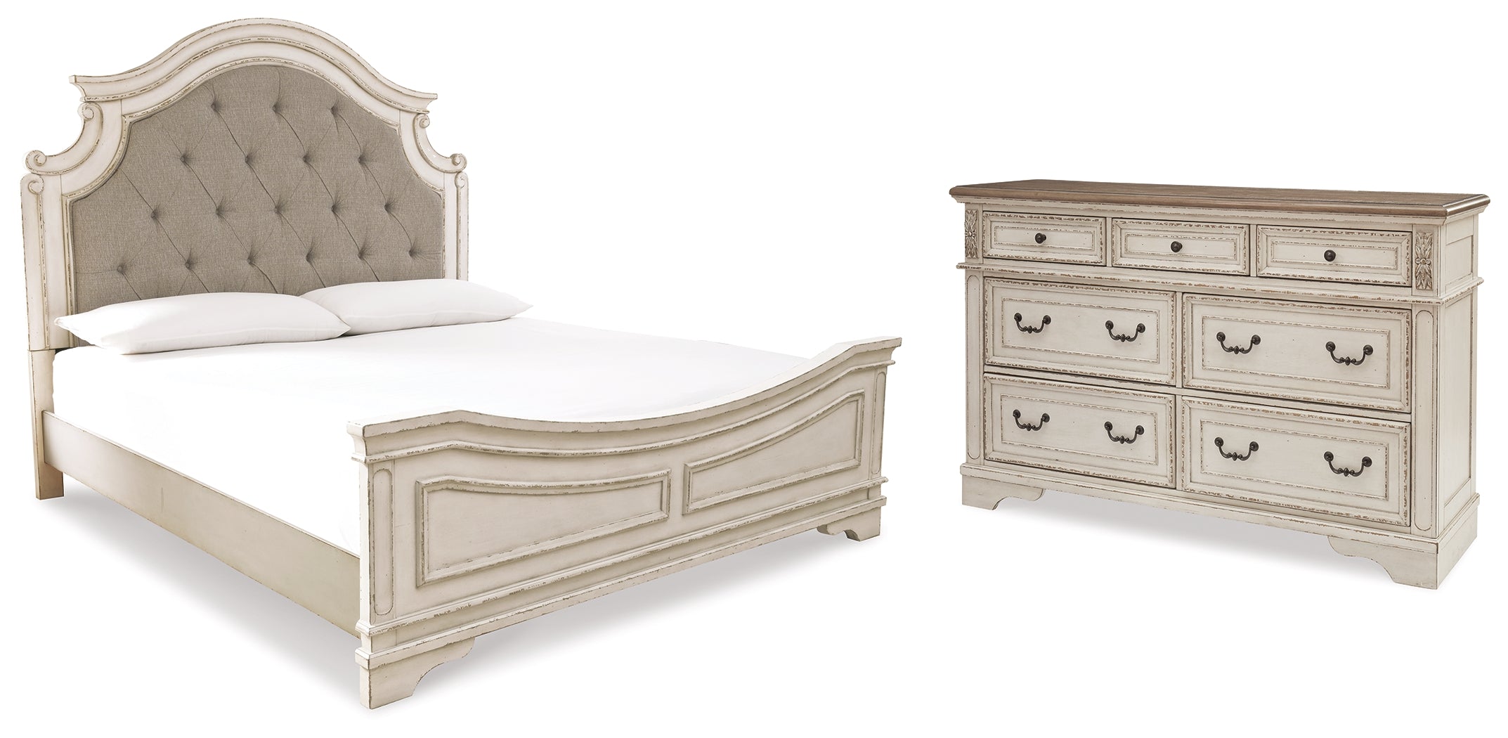 Best Deals Furniture - Ashley Furniture - Realyn King Upholstered Panel Bed and Dresser - King Upholstered Panel Bed and Dresser / Two-tone - B743B38
