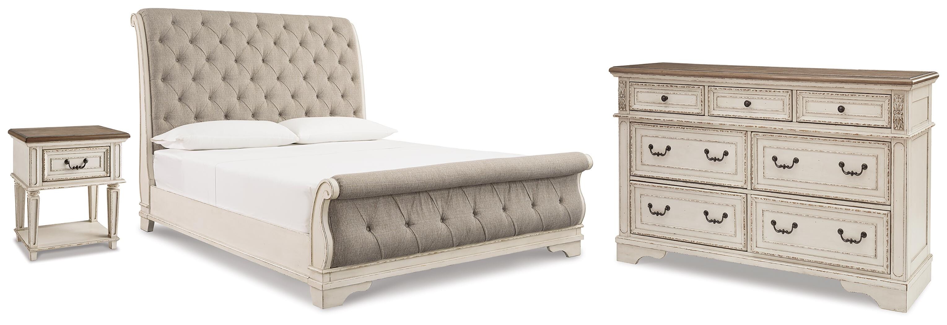 Best Deals Furniture - Ashley Furniture - Realyn King Upholstered Sleigh Bed, Dresser and Nightstand - King Upholstered Sleigh Bed, Dresser and Nightstand - B743B108
