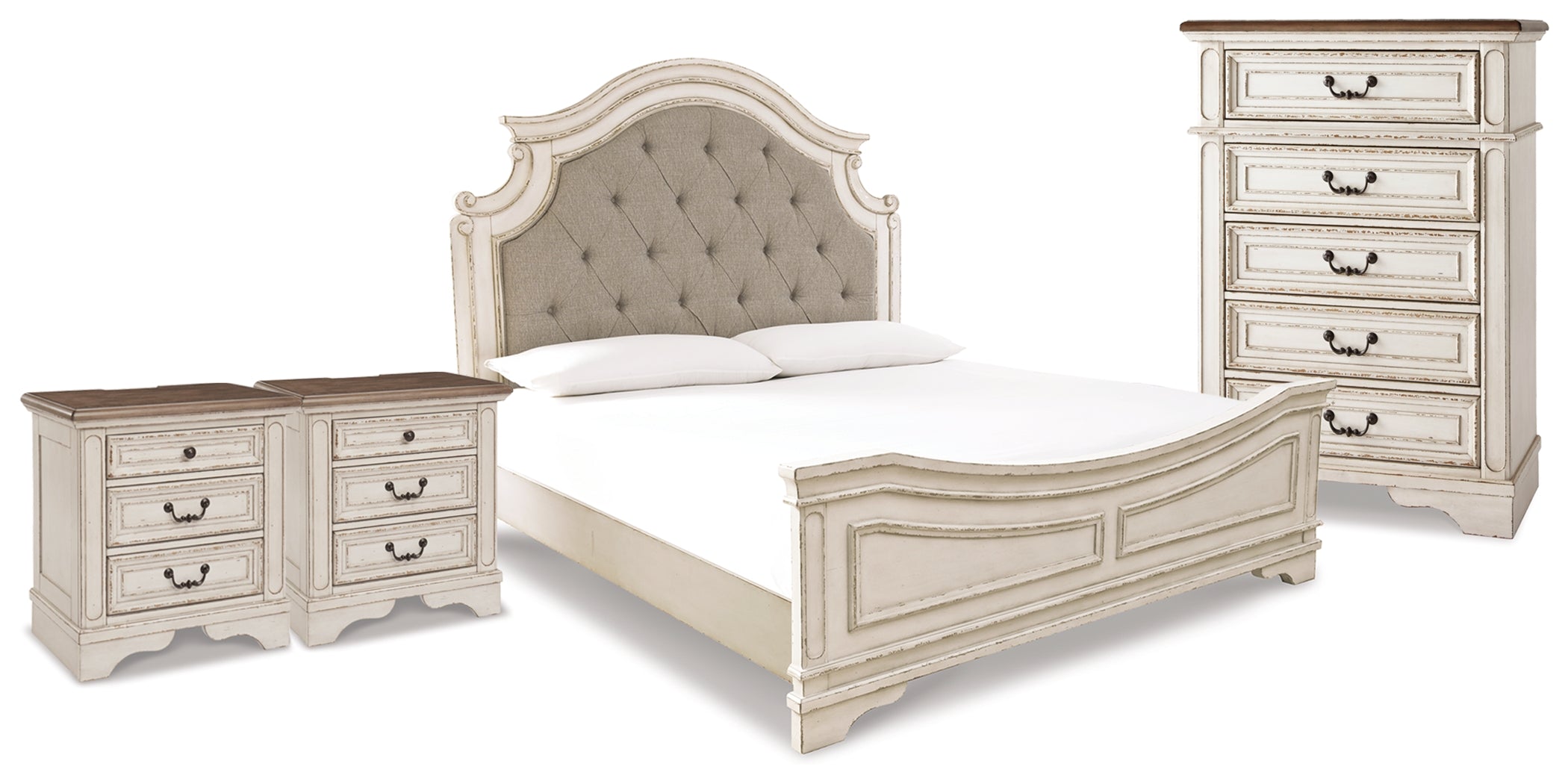 Best Deals Furniture - Ashley Furniture - Realyn King Upholstered Panel Bed, Chest and 2 Nightstands - King Upholstered Panel Bed, Chest and 2 Nightstands - B743B91