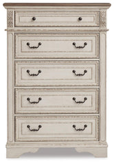 Realyn Queen Upholstered Panel Bed, Dresser, Mirror and Chest