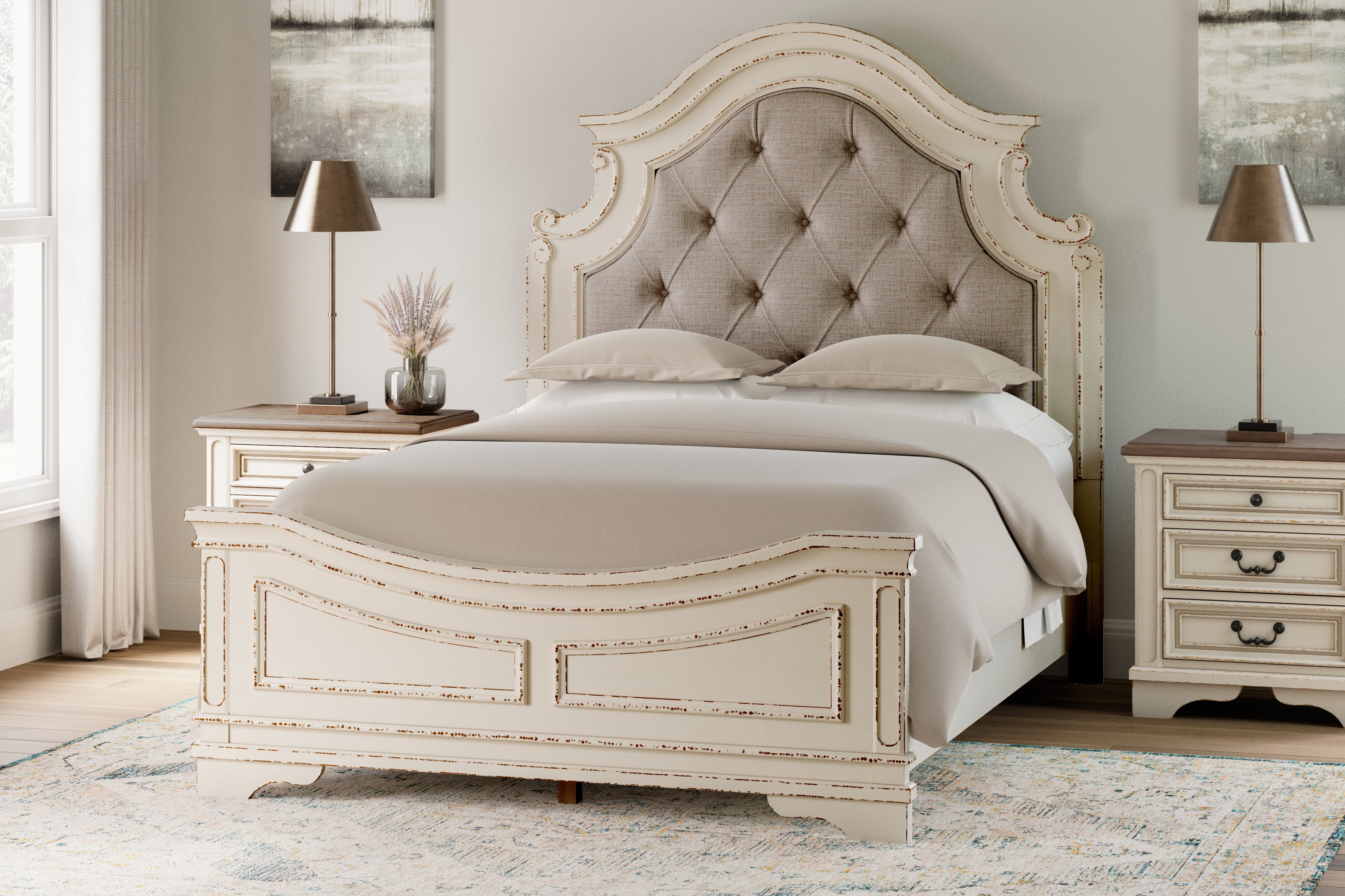 Best Deals Furniture - Ashley Furniture - Realyn Queen Upholstered Panel Bed and 2 Nightstands - Queen Upholstered Panel Bed and 2 Nightstands - B743B55