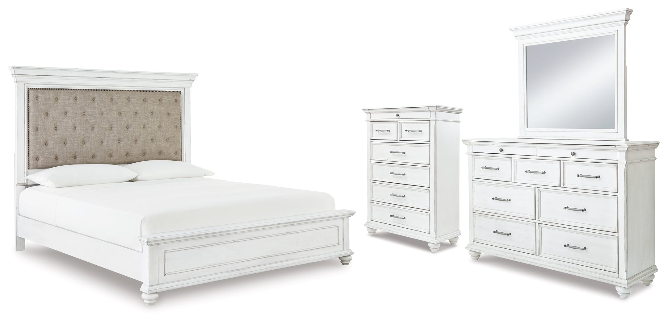 Best Deals Furniture - Ashley Furniture - Kanwyn Cal King Upholstered Panel Bed, Dresser, Mirror and Chest - Cal King Upholstered Panel Bed, Dresser, Mirror and Chest - B777B23