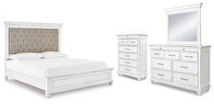 Best Deals Furniture - Ashley Furniture - Kanwyn Cal King Upholstered Panel Bed, Dresser, Mirror and Chest - Cal King Upholstered Panel Bed, Dresser, Mirror and Chest - B777B23