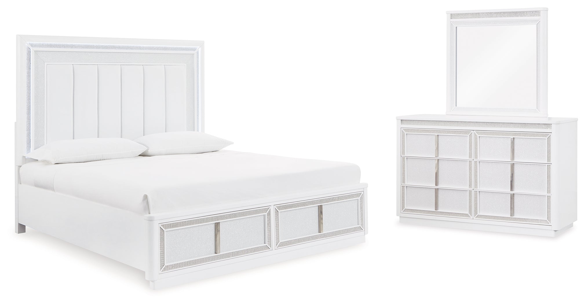 Best Deals Furniture - Ashley Furniture - Chalanna Queen Upholstered Storage Bed, Dresser and Mirror - Queen Upholstered Storage Bed, Dresser and Mirror - B822B3