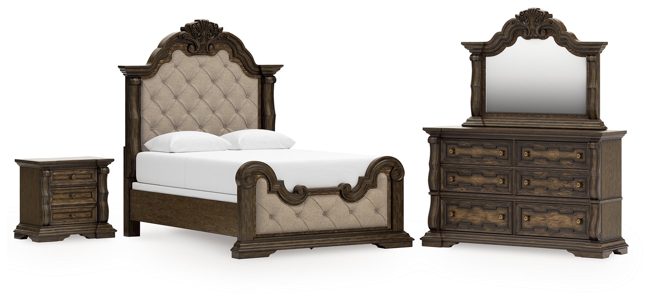 Best Deals Furniture - Ashley Furniture - Maylee Queen Upholstered Panel Bed, Dresser, Mirror and Nightstand - Queen Upholstered Panel Bed, Dresser, Mirror and Nightstand - B947B18