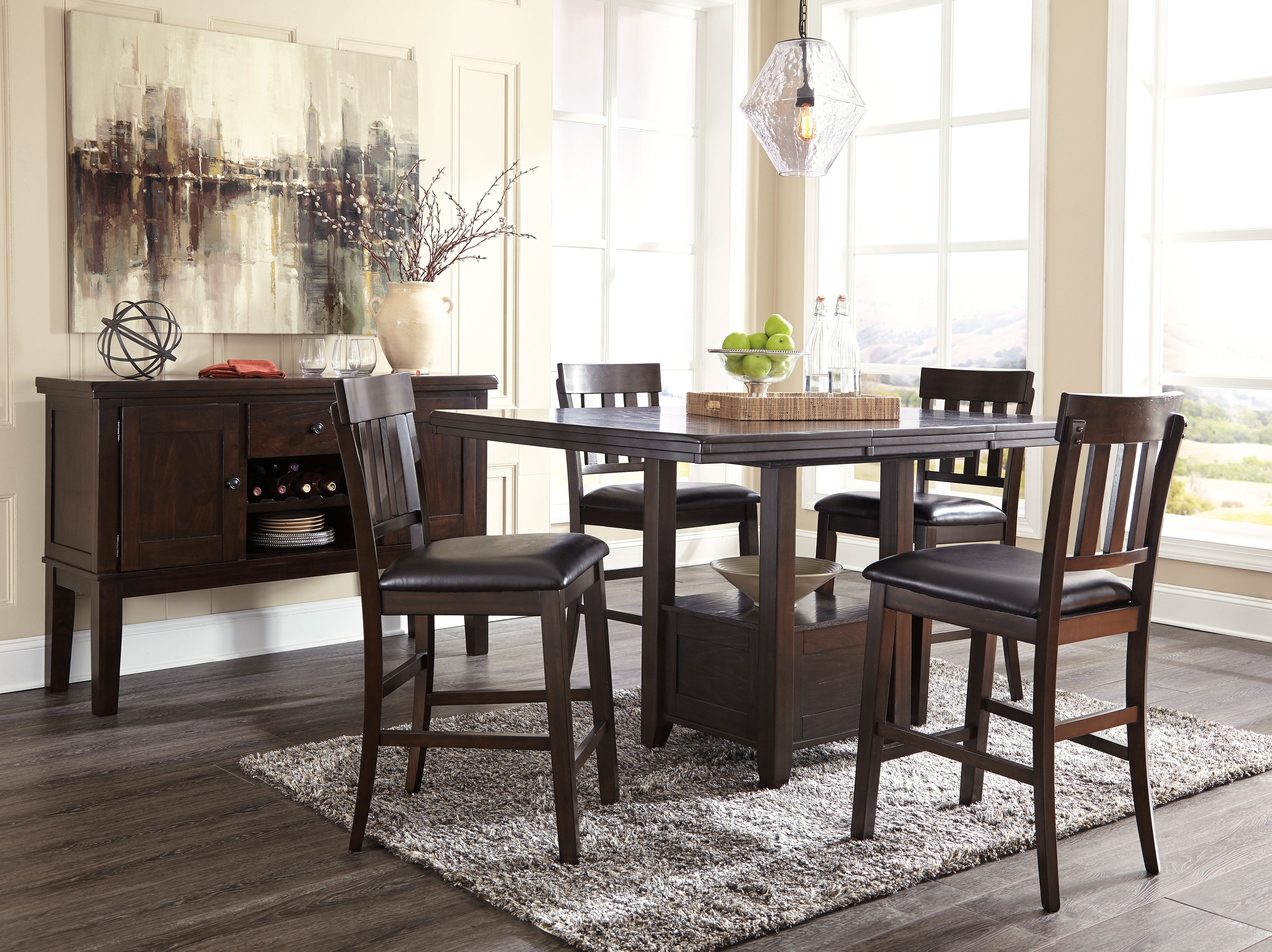 Best Deals Furniture - Ashley Furniture - Haddigan Counter Height Dining Table, 4 Barstools and Server - Counter Height Dining Table, 4 Barstools and Server - D596D8