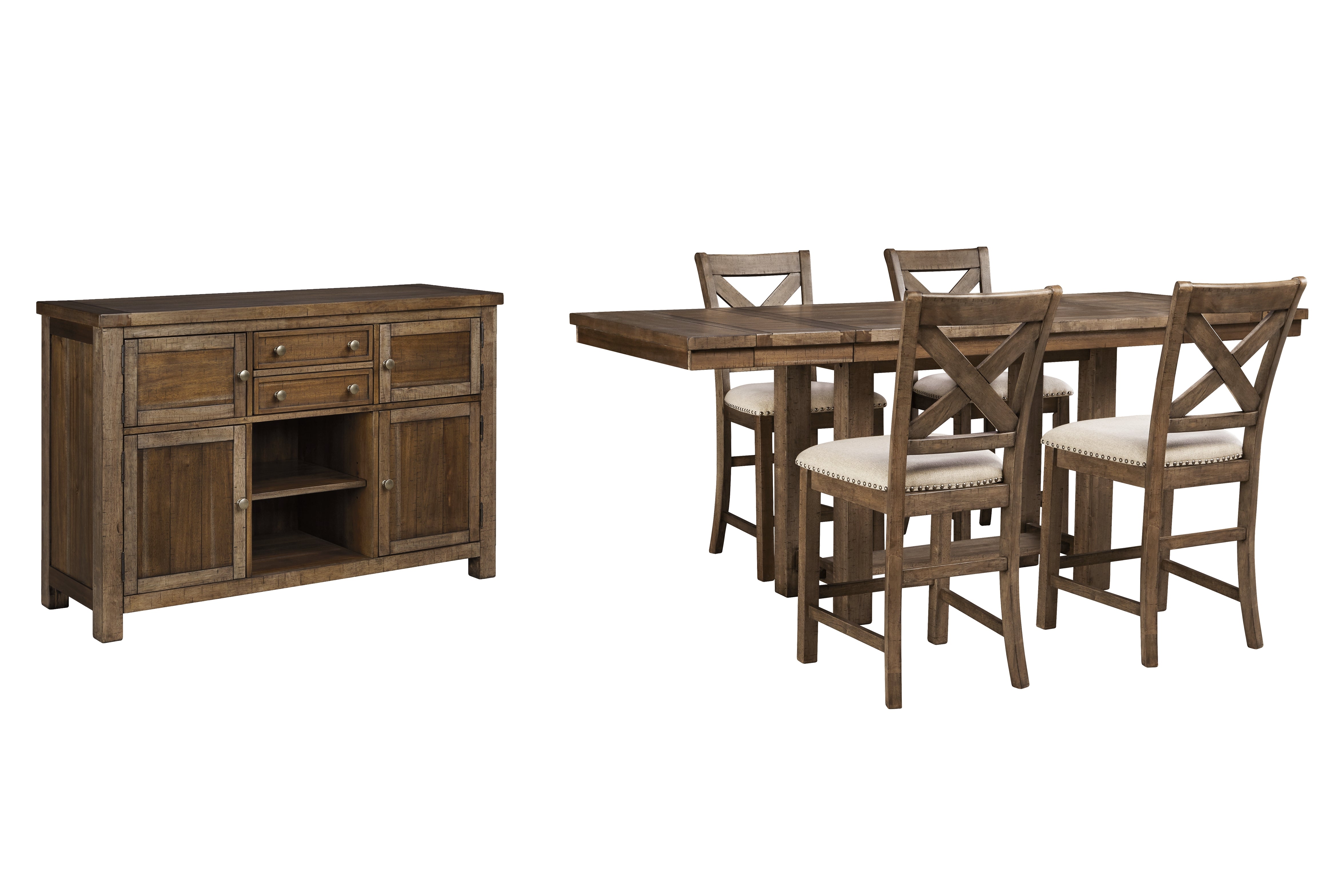 Best Deals Furniture - Ashley Furniture - Moriville Counter Height Dining Table, 4 Barstools and Server - Counter Height Dining Table, 4 Barstools and Server - D631D8