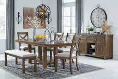 Best Deals Furniture - Ashley Furniture - Moriville Dining Table and 4 Chairs and Bench - Dining Table and 4 Chairs and Bench / Beige - D631D6