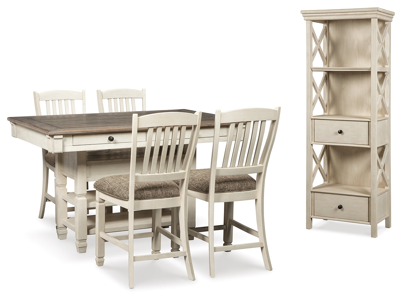 Best Deals Furniture - Ashley Furniture - Bolanburg Counter Height Dining Table and 4 Barstools with Display Cabinet - Counter Height Dining Table and 4 Barstools with Display Cabinet - D647D21