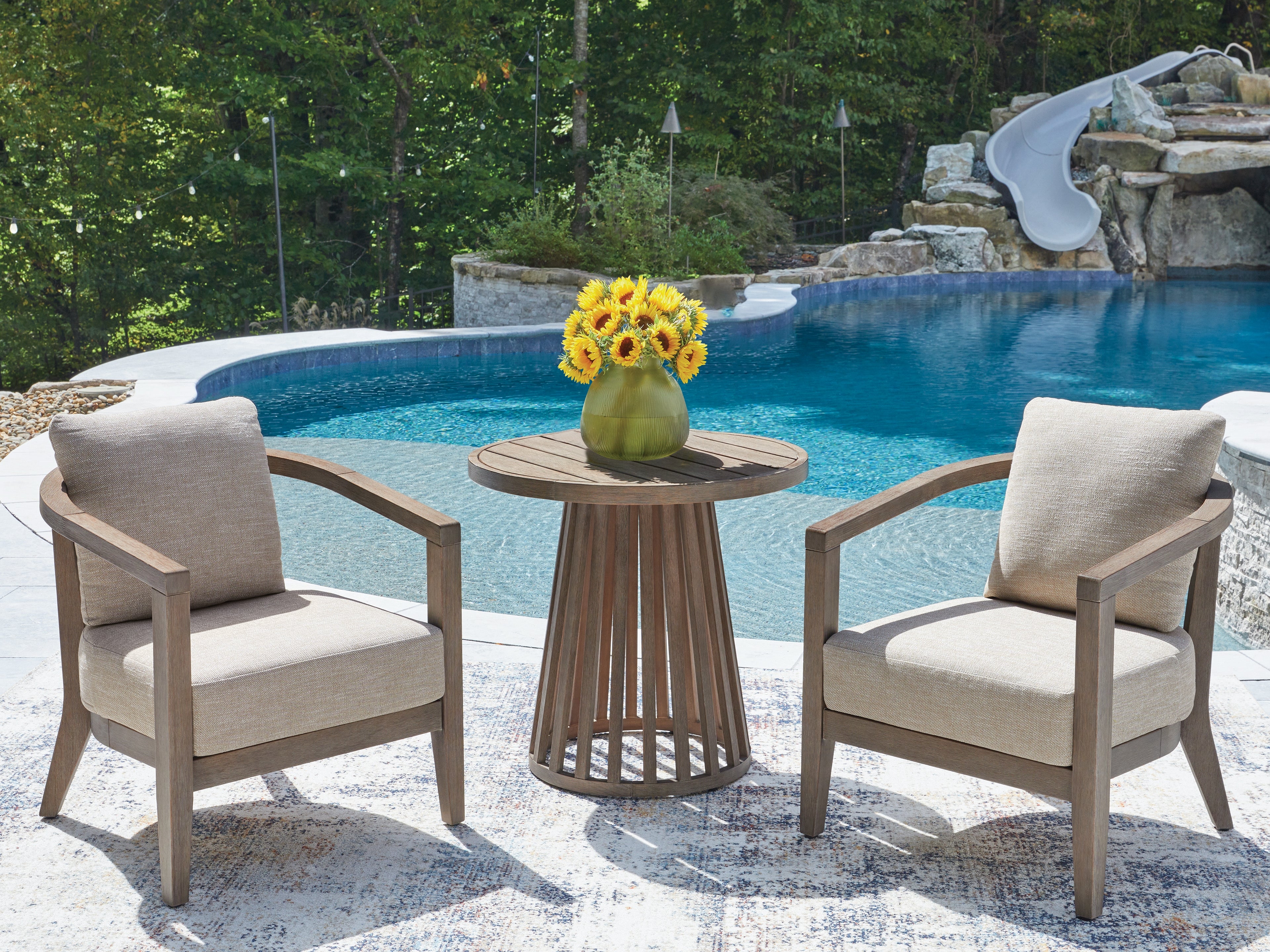 Best Deals Furniture - Ashley Furniture - Joy Lagoon Outdoor Chairs with Cushions/Table (Set of 3) - Chairs w/CUSH/Table Set (3/CN) - PCP310-050