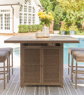 Best Deals Furniture - Ashley Furniture - Walton Bridge Outdoor Bar Table with Fire Pit - Square Bar Table w/Fire Pit - P749-665