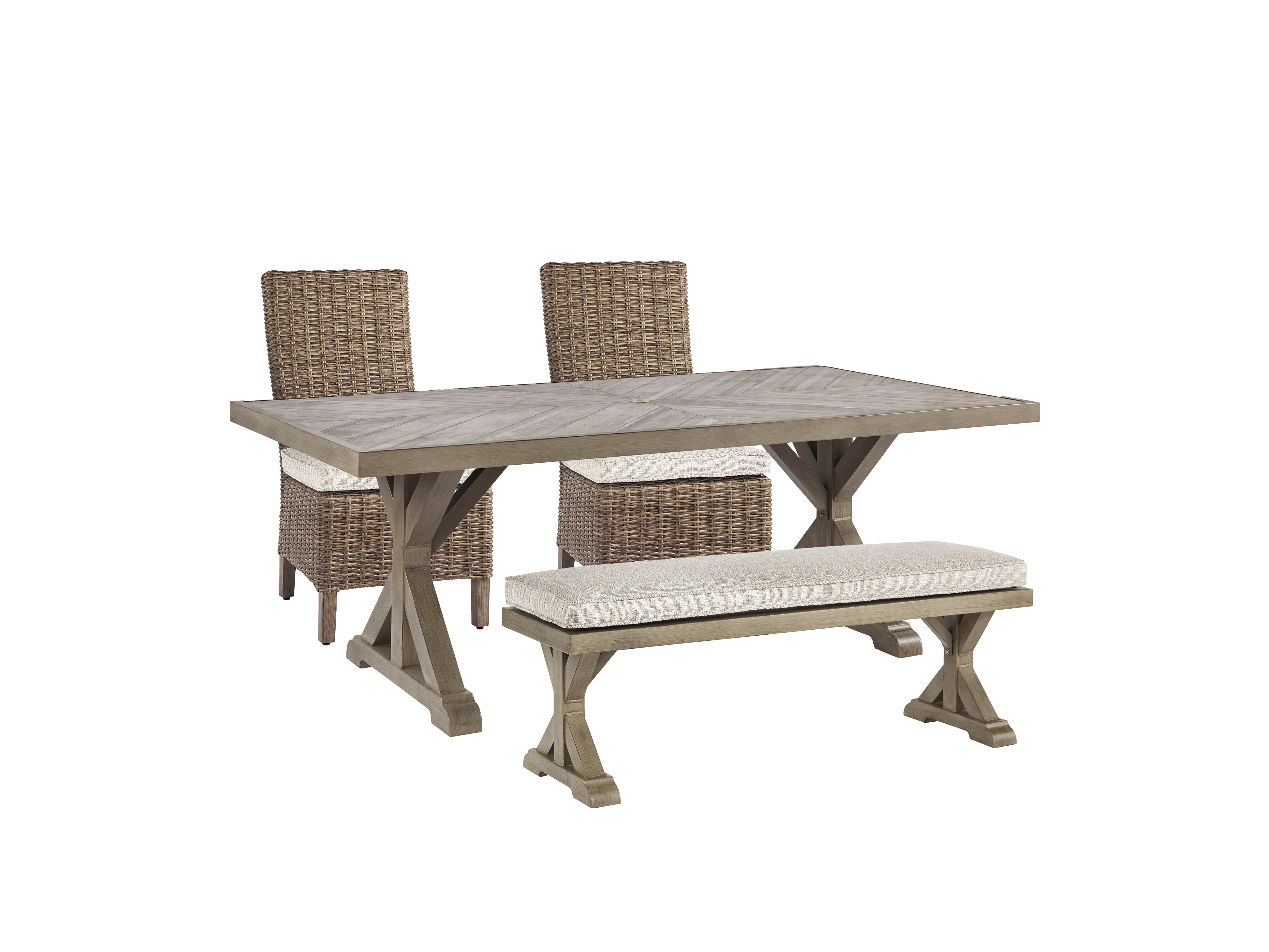 Best Deals Furniture - Ashley Furniture - Beachcroft Outdoor Dining Table with 2 Chairs and 2 Benches - Outdoor Dining Table with 2 Chairs and 2 Benches - P791P3