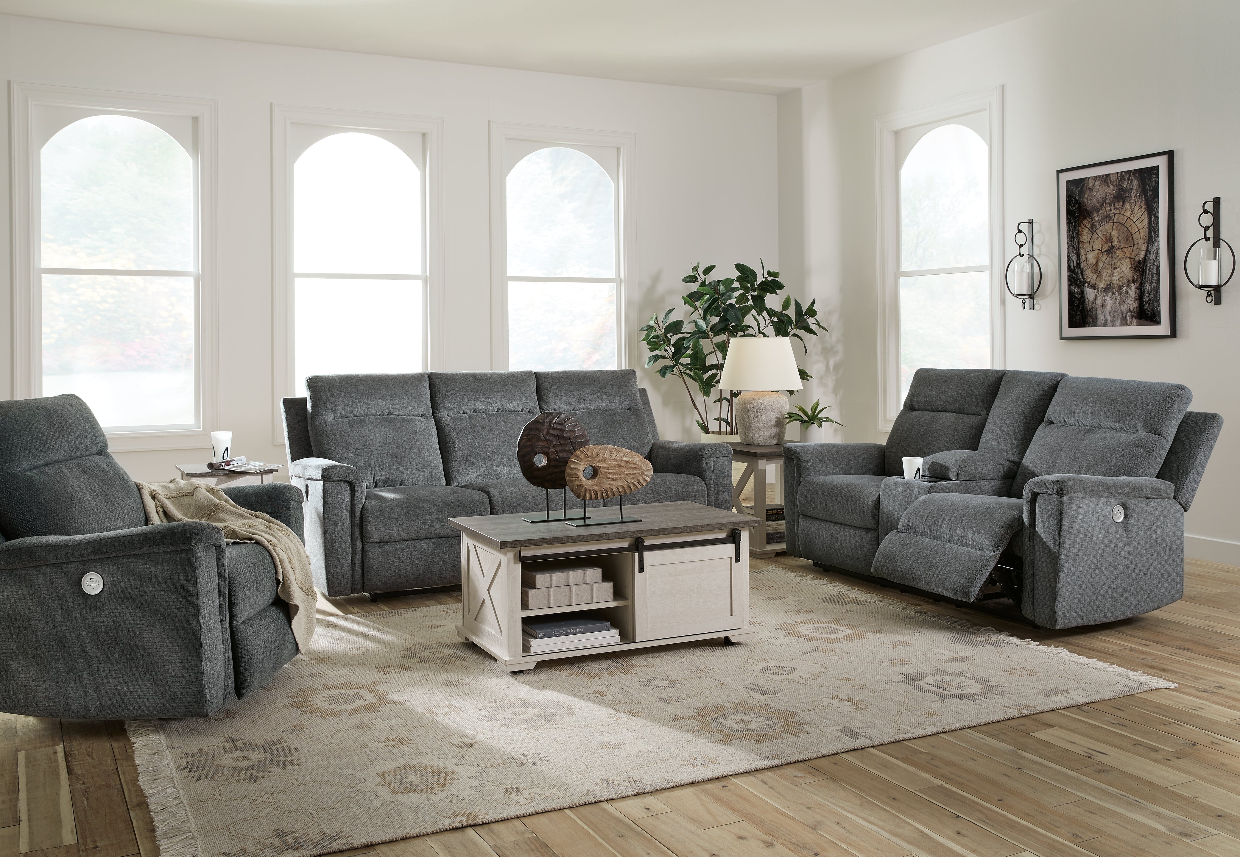 Best Deals Furniture - Ashley Furniture - Barnsana Power Reclining Sofa, Loveseat and Recliner - Power Reclining Sofa, Loveseat and Recliner / Gravel - 33202U2