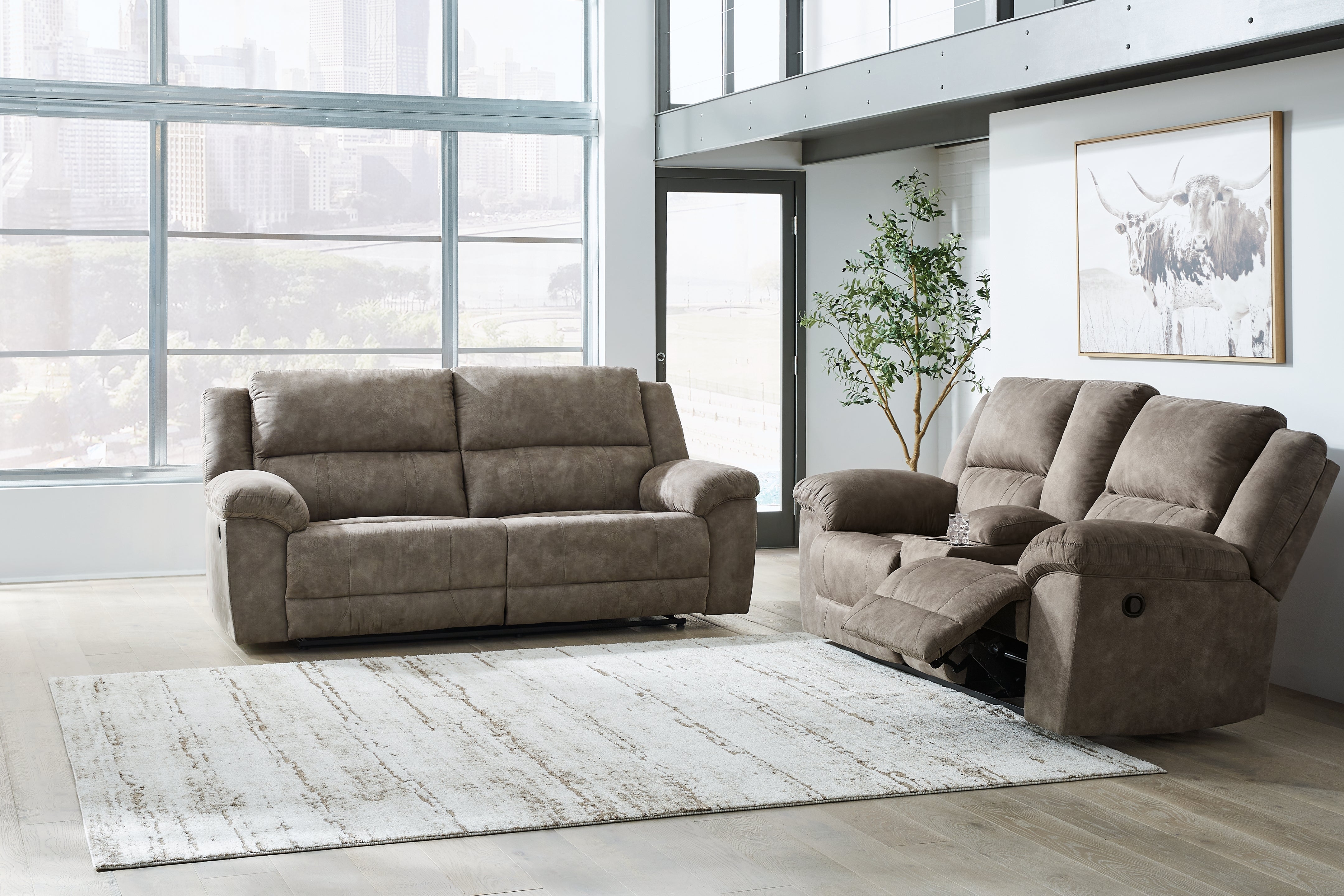 Best Deals Furniture - Ashley Furniture - Laresview Reclining Sofa and Loveseat - Reclining Sofa and Loveseat / Fossil - 37203U1