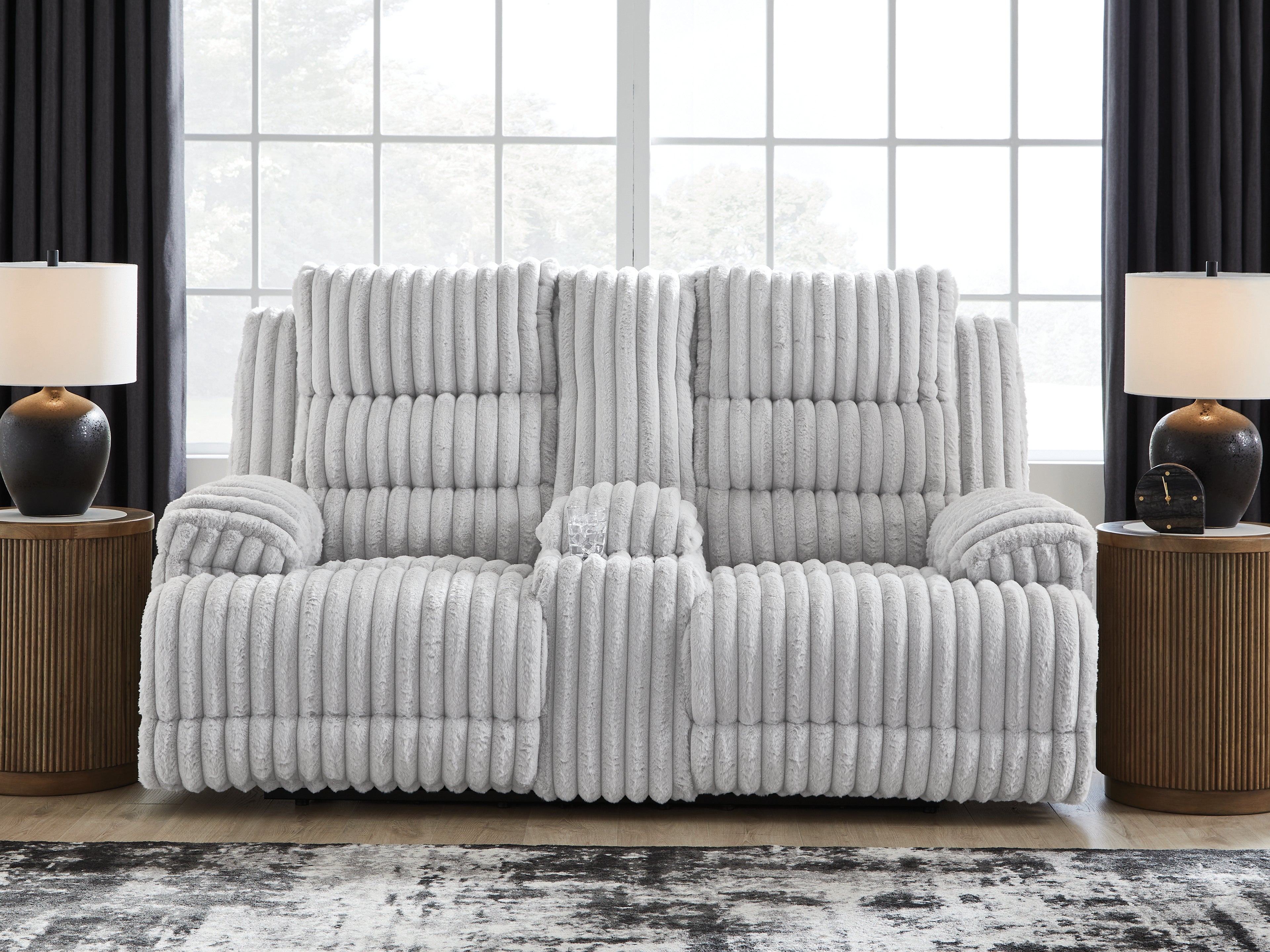 Best Deals Furniture - Ashley Furniture - Rhines Falls Living Room - DBL REC PWR Loveseat w/Console / Alloy - PC4280496