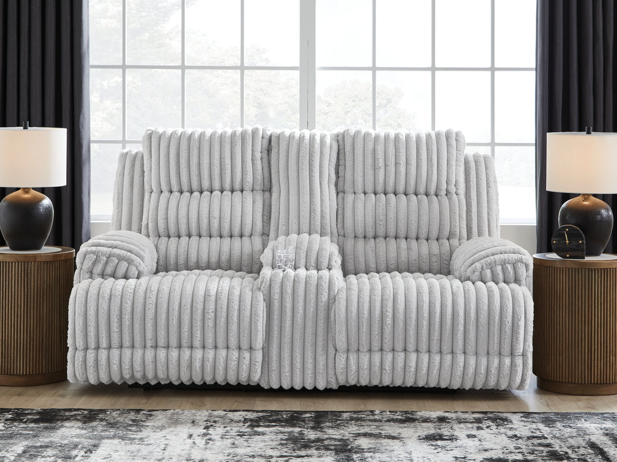 Best Deals Furniture - Ashley Furniture - Rhines Falls Power Reclining Loveseat with Console - DBL REC PWR Loveseat w/Console / Alloy - PC4280496