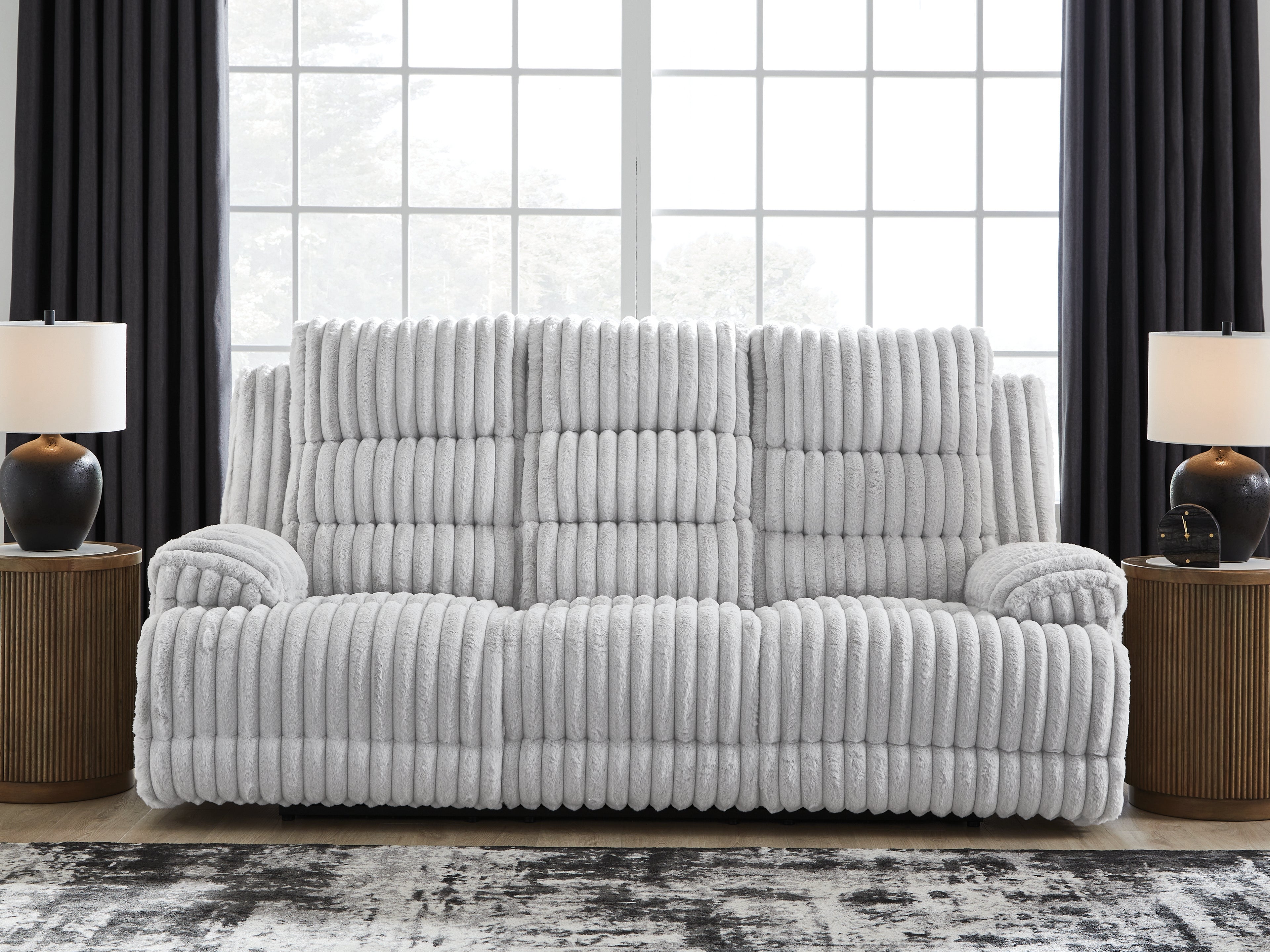 Best Deals Furniture - Ashley Furniture - Rhines Falls Living Room - REC PWR Sofa w/Drop Down Table / Alloy - PC4280499