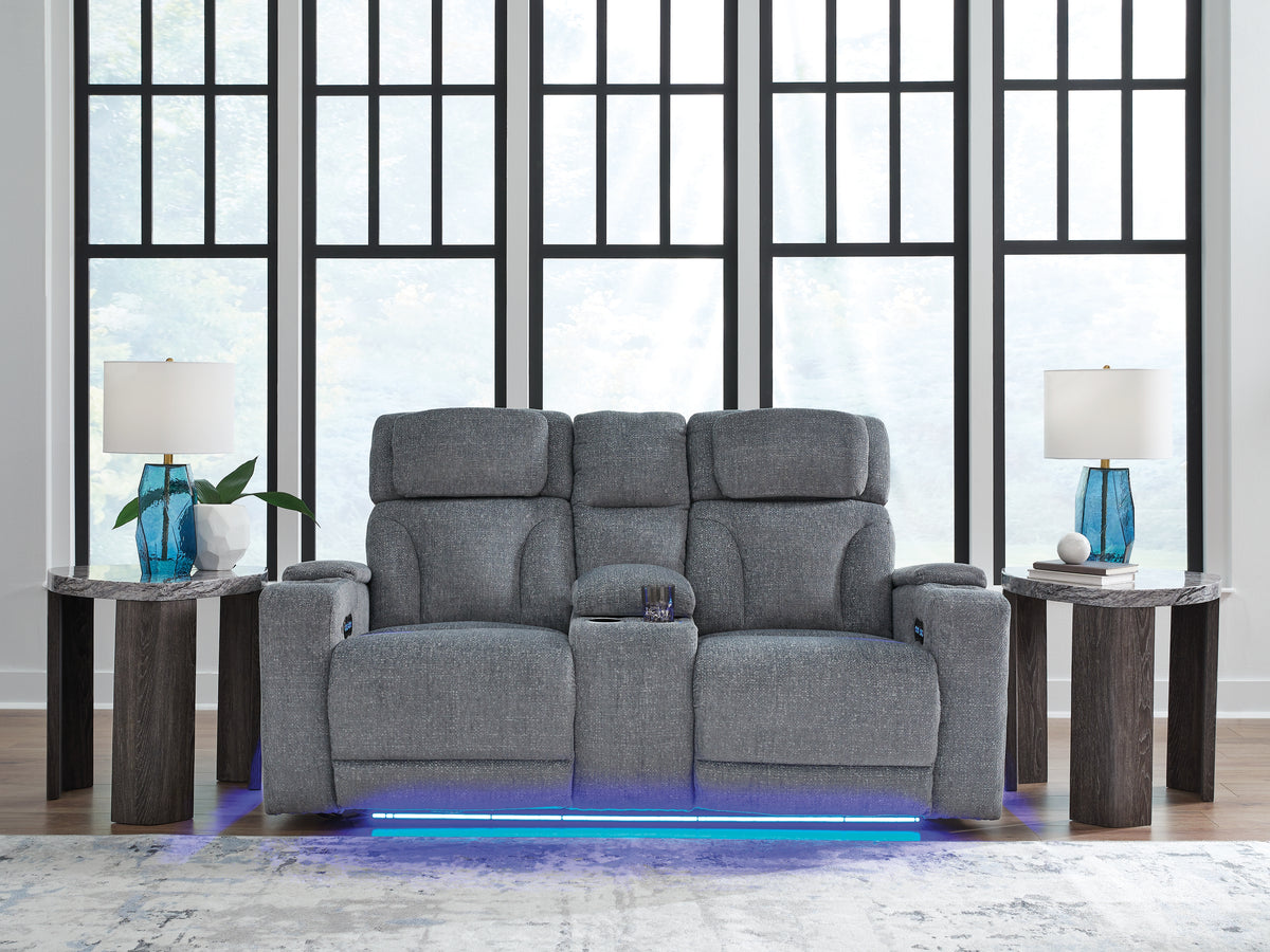 Best Deals Furniture - Ashley Furniture - Studio Cave Power Reclining Loveseat with Console - PWR REC Loveseat/CON/ADJ HDRST / Steel - PC4980218