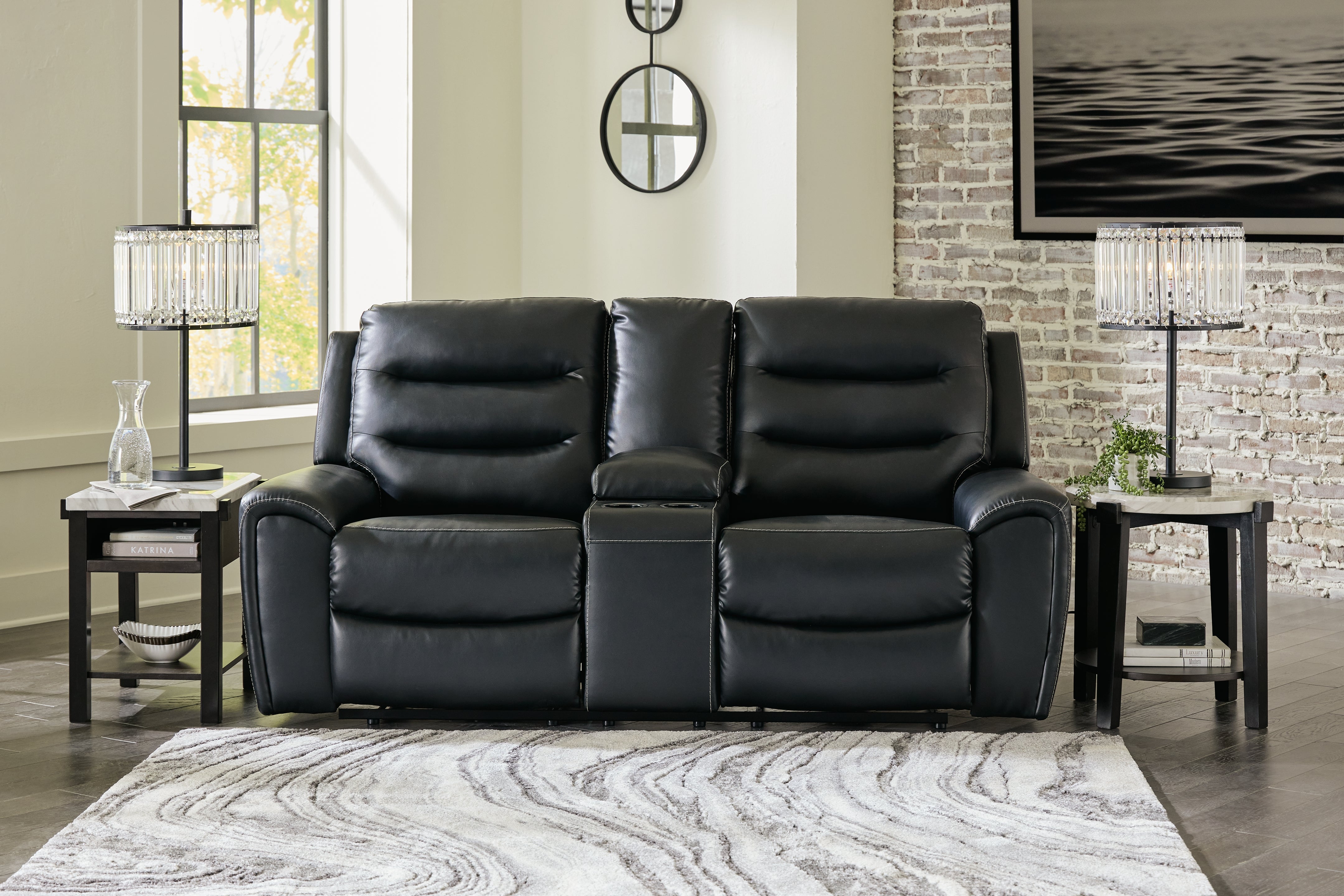 Best Deals Furniture - Ashley Furniture - Warlin Power Reclining Loveseat with Console - PWR REC Loveseat/CON/ADJ HDRST / Black - 6110518